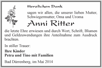 Traueranzeige von Anni Ritter von Super Sonntag Merseburg