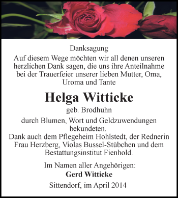 Traueranzeige von Helga Witticke von WVG - Wochenspiegel SGH