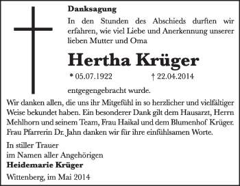 Traueranzeige von Hertha Krüger von Super Sonntag Wittenberg