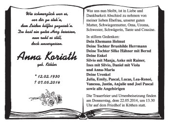 Traueranzeige von Anna Koriath von Super Sonntag Dessau / Köthen