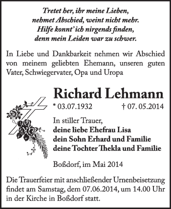 Traueranzeige von Richard Lehmann von Super Sonntag Wittenberg