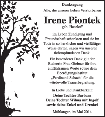 Traueranzeige von Irene Piontek von WVG - Wochenspiegel Wittenberg