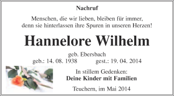 Traueranzeige von Hannelore Wilhelm von WVG - Wochenspiegel NMB / WSF / ZTZ
