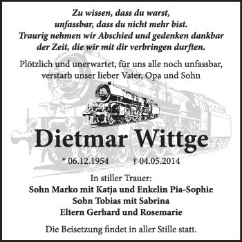 Traueranzeige von Dietmar Wittge von Super Sonntag Dessau / Köthen