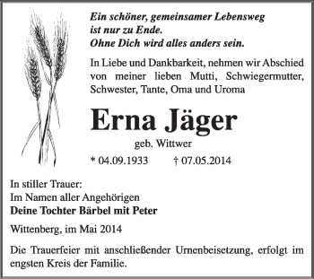 Traueranzeige von Erna Jäger von WVG - Wochenspiegel Wittenberg