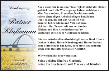 Traueranzeige von Rainer Klußmann von WVG - Wochenspiegel Quedlinburg