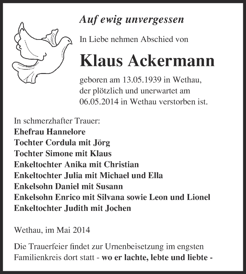  Traueranzeige für Klaus Ackermann vom 14.05.2014 aus WVG - Wochenspiegel NMB / WSF / ZTZ
