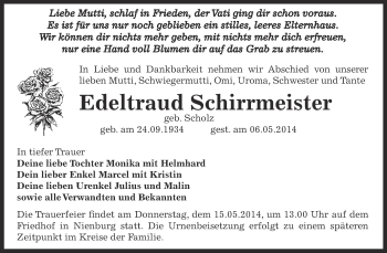 Traueranzeige von Edeltraud Schirrmeister von Super Sonntag Bernburg