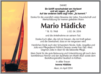 Traueranzeige von Mario Hädicke von Super Sonntag Dessau / Köthen