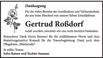 Traueranzeige von Gertrud Roßdorf von Super Sonntag Dessau / Köthen