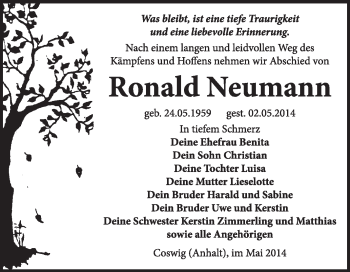 Traueranzeige von Roland Neumann von Super Sonntag Wittenberg