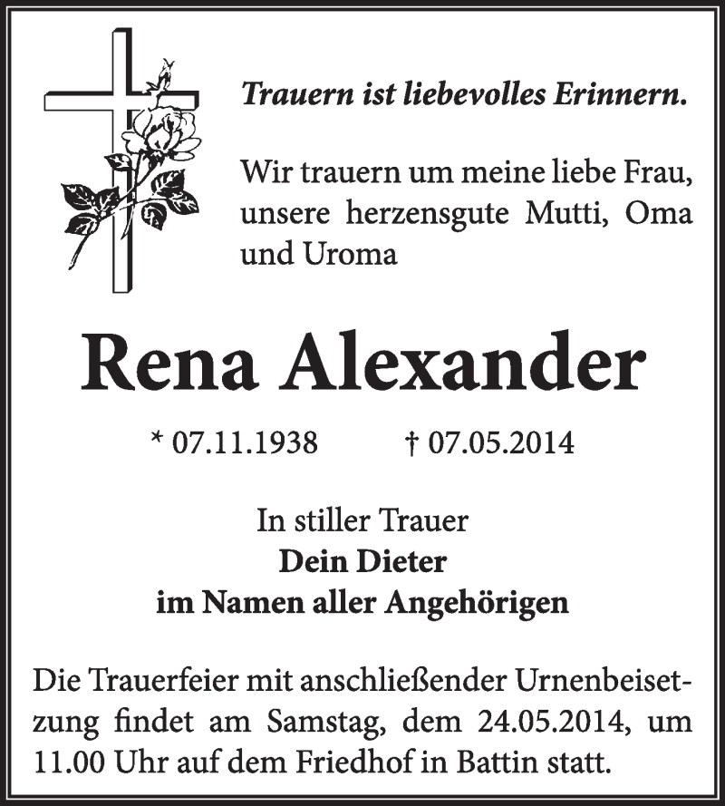  Traueranzeige für Rena Alexander vom 11.05.2014 aus Super Sonntag Wittenberg
