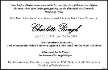 Traueranzeige von Charlotte Ringel von WVG - Wochenspiegel NMB / WSF / ZTZ