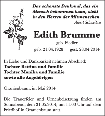 Traueranzeige von Edith Brumme von WVG - Wochenspiegel Wittenberg