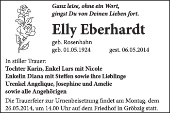 Traueranzeige von Elly Eberhardt von Super Sonntag Dessau / Köthen