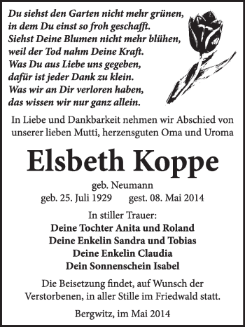 Traueranzeige von Elsbeth Koppe von Super Sonntag Wittenberg