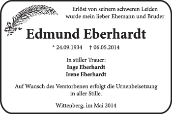 Traueranzeige von Edmund Eberhardt von WVG - Wochenspiegel Wittenberg
