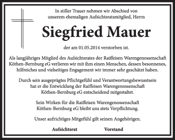 Traueranzeige von Siegfried Mauer von Super Sonntag Dessau / Köthen