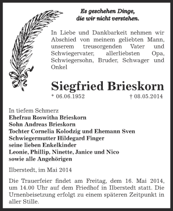Traueranzeige von Siegfried Brieskorn von Super Sonntag Bernburg