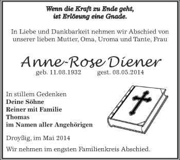 Traueranzeige von Anne-Rose Diener von Super Sonntag Zeitz