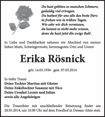 Traueranzeige von Erika Rösnick von Super Sonntag Dessau / Köthen