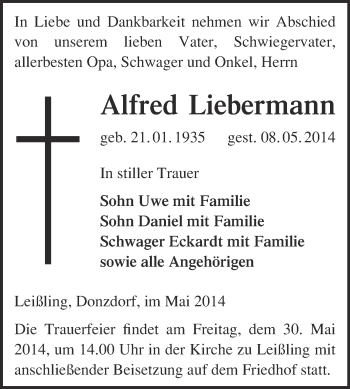 Traueranzeige von Alfred Liebermann von Super Sonntag Merseburg