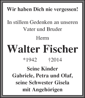 Traueranzeige von Walter Fischer von WVG - Wochenspiegel NMB / WSF / ZTZ