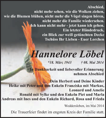Traueranzeige von Hannelore Löbel von WVG - Wochenspiegel Quedlinburg