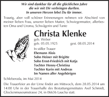 Traueranzeige von Christa Klenke von WVG - Wochenspiegel NMB / WSF / ZTZ