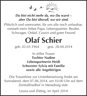 Traueranzeige von Olaf Schier von Super Sonntag Merseburg