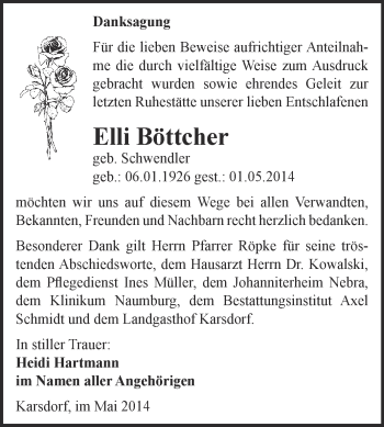 Traueranzeige von Elli Böttcher von WVG - Wochenspiegel NMB / WSF / ZTZ