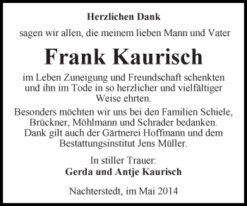 Traueranzeige von Frank Kaurisch von WVG - Wochenspiegel Aschersleben