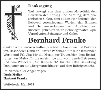 Traueranzeige von Bernhard Franke von Super Sonntag SGH Mansf. Land