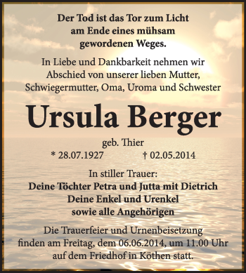 Traueranzeige von Ursula Berger von Super Sonntag Dessau / Köthen