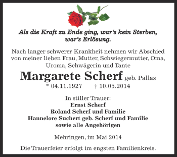 Traueranzeige von Margarete Scherf von WVG - Wochenspiegel Aschersleben