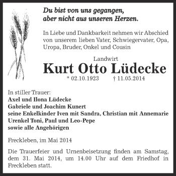 Traueranzeige von Kurt Otto Lüdecke von WVG - Wochenspiegel Aschersleben