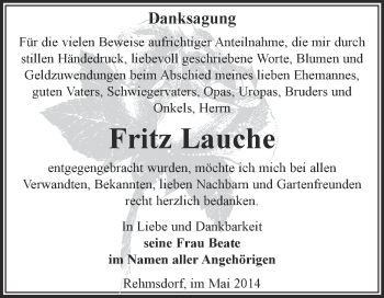 Traueranzeige von Fritz Lauche von Super Sonntag Zeitz