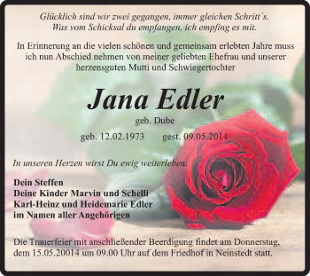 Traueranzeige von Jana Edler von Super Sonntag Quedlinburg
