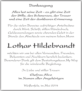 Traueranzeige von Lothar Hildebrandt von Super Sonntag Merseburg