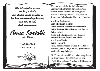 Traueranzeige von Anna Koriath von Super Sonntag Dessau / Köthen