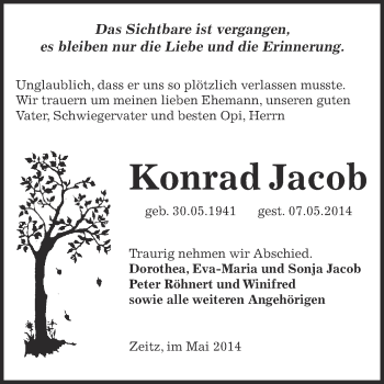 Traueranzeige von Konrad Jacob von Super Sonntag Zeitz