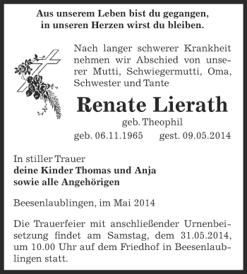 Traueranzeige von Renate Lierath von Super Sonntag Bernburg