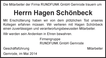 Traueranzeige von Hagen Schönbeck von Super Sonntag Quedlinburg