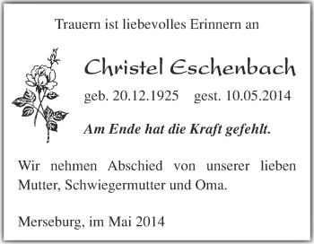 Traueranzeige von Christel Eschenbach von Super Sonntag Merseburg