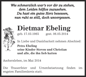 Traueranzeige von Dietmar Ebeling von WVG - Wochenspiegel Aschersleben