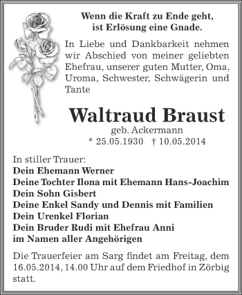 Traueranzeige von Waltraud Braust von WVG - Wochenspiegel Bitterfeld