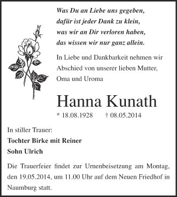Traueranzeige von Hanna Kunath von WVG - Wochenspiegel NMB / WSF / ZTZ