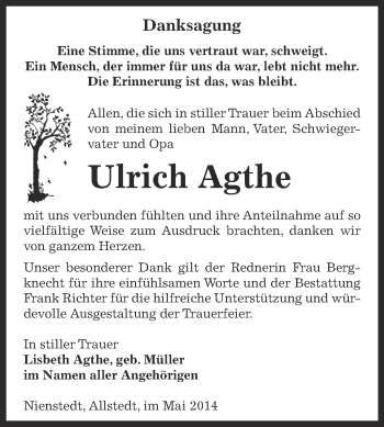 Traueranzeige von Ulrich Agthe von Super Sonntag SGH Mansf. Land