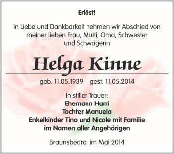 Traueranzeige von Helga Kinne von WVG - Wochenspiegel Merseburg