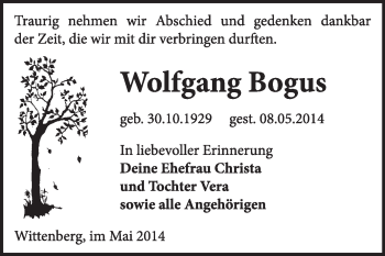 Traueranzeige von Wolfgang Bogus von Super Sonntag Wittenberg
